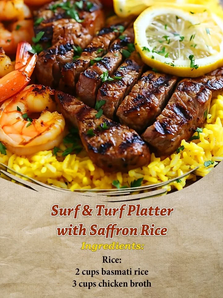 Delicious Surf & Turf Platter served with saffron rice on a gourmet plate.