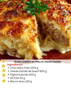 Delicious Swedish Gratin with Cabbage and Ground Meat in a baking dish.