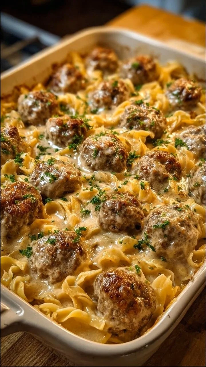 Delicious Swedish Meatball Casserole with Noodles in a baking dish