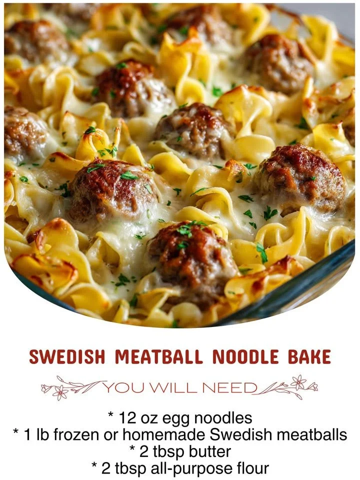 Swedish Meatball Noodle Bake with meatballs and noodles in creamy sauce