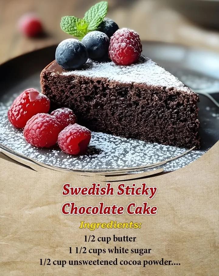 Delicious Swedish Sticky Chocolate Cake topped with chocolate drizzle