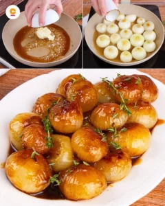 Sweet and sour pearl onions dish served in a bowl