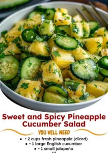 Colorful sweet and spicy pineapple cucumber salad in a bowl