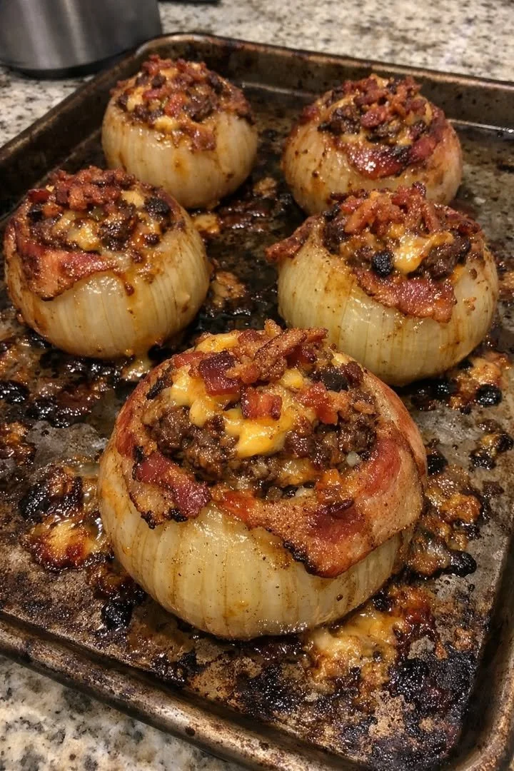 Sweet chili bacon cheddar burger stuffed onion bombs ready to serve.