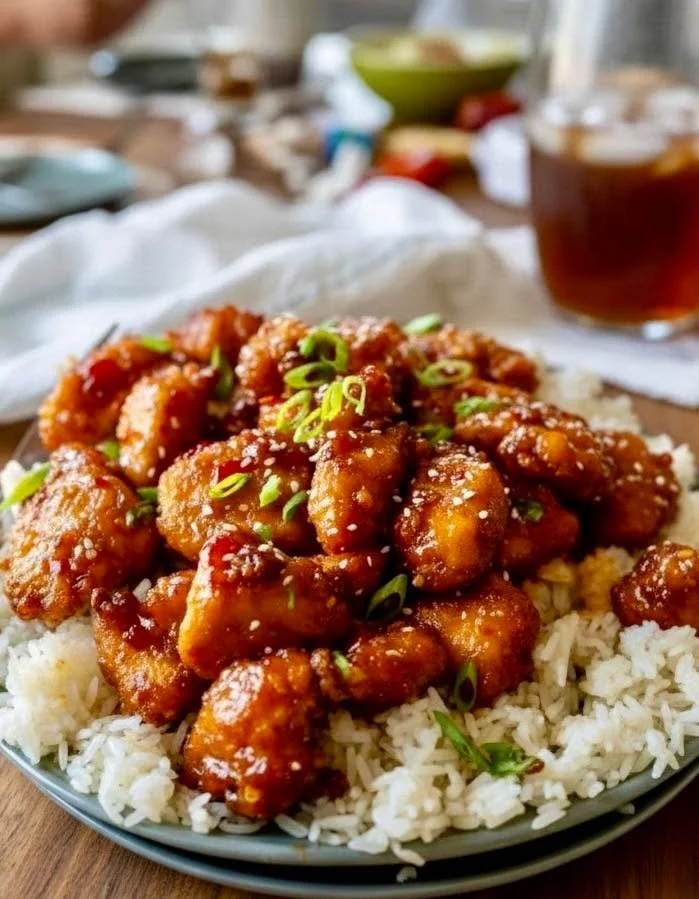 Plate of Sweet Chili Chicken garnished with herbs