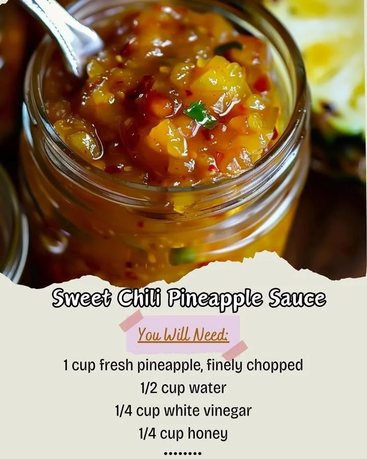 Jar of homemade sweet chili pineapple sauce with fresh ingredients