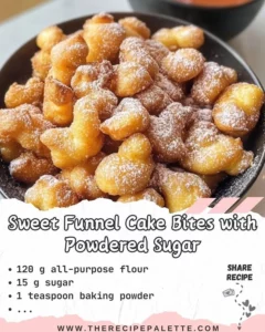 Delicious sweet funnel cake bites dusted with powdered sugar on a plate.