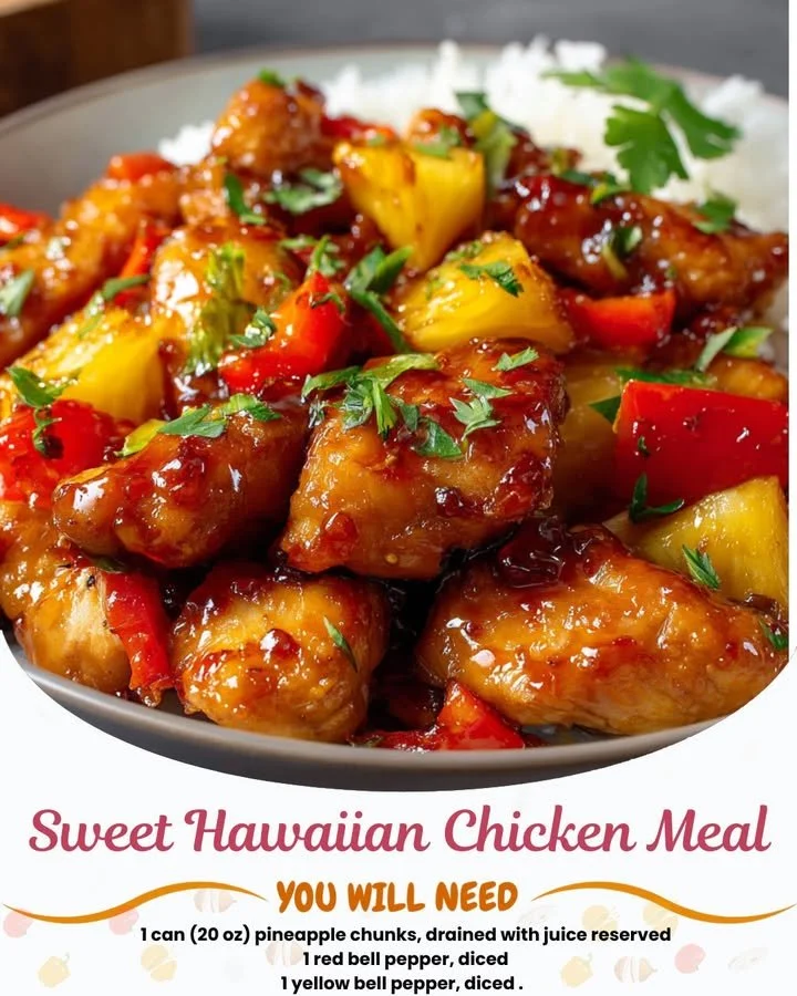 Delicious sweet Hawaiian chicken served with tropical fruits and side dishes