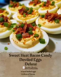 Sweet Heat Bacon Candy Deviled Eggs Deluxe garnished and ready to serve.