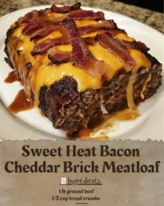 Delicious Sweet Heat Bacon Cheddar Brick Meatloaf served on a platter.
