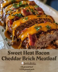 Delicious Sweet Heat Bacon Cheddar Meatloaf garnished and ready to serve