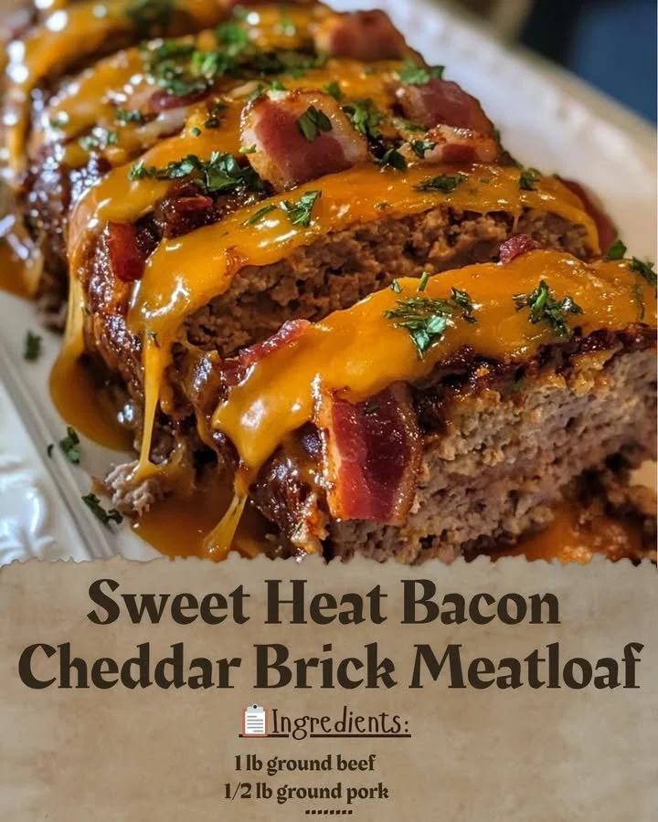 Delicious Sweet Heat Bacon Cheddar Meatloaf garnished and ready to serve