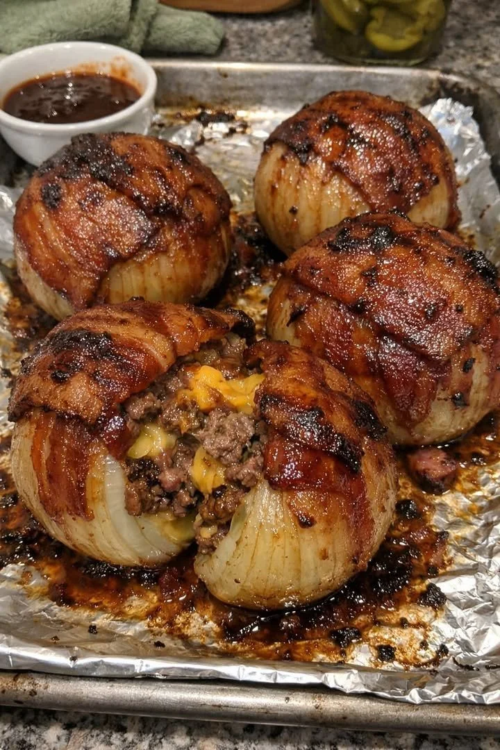 Sweet Heat Bacon Cheddar Cheeseburger Stuffed Onion Bombs served on a plate