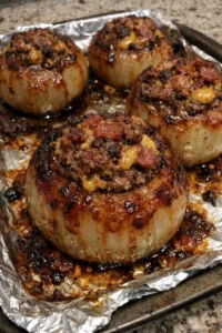 Sweet Heat Bacon Cheddar Cheeseburger Stuffed Onion Bombs ready to eat