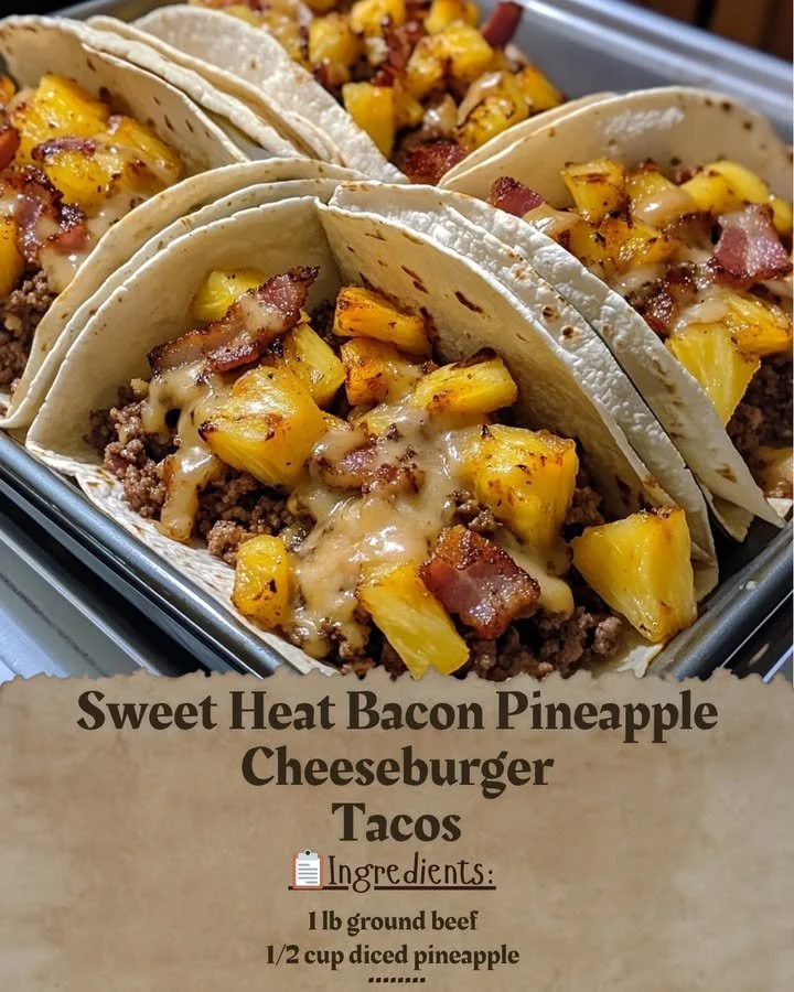 Bacon Pineapple Cheeseburger Tacos with sweet and savory toppings.