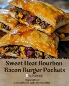 Sweet Heat Bourbon Bacon Burger Pockets with spicy sauce and savory toppings