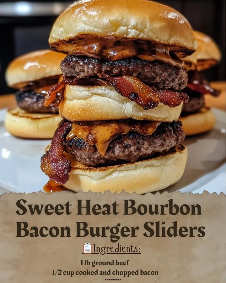 Sweet Heat Bourbon Bacon Burger Sliders loaded with flavor and topped with bacon.