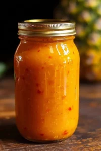 Bottle of Sweet–Heat Fermented Habanero Gold Sauce on a kitchen counter