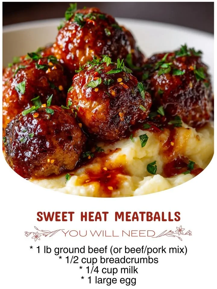 Plate of Sweet Heat Meatballs garnished with herbs and sauce
