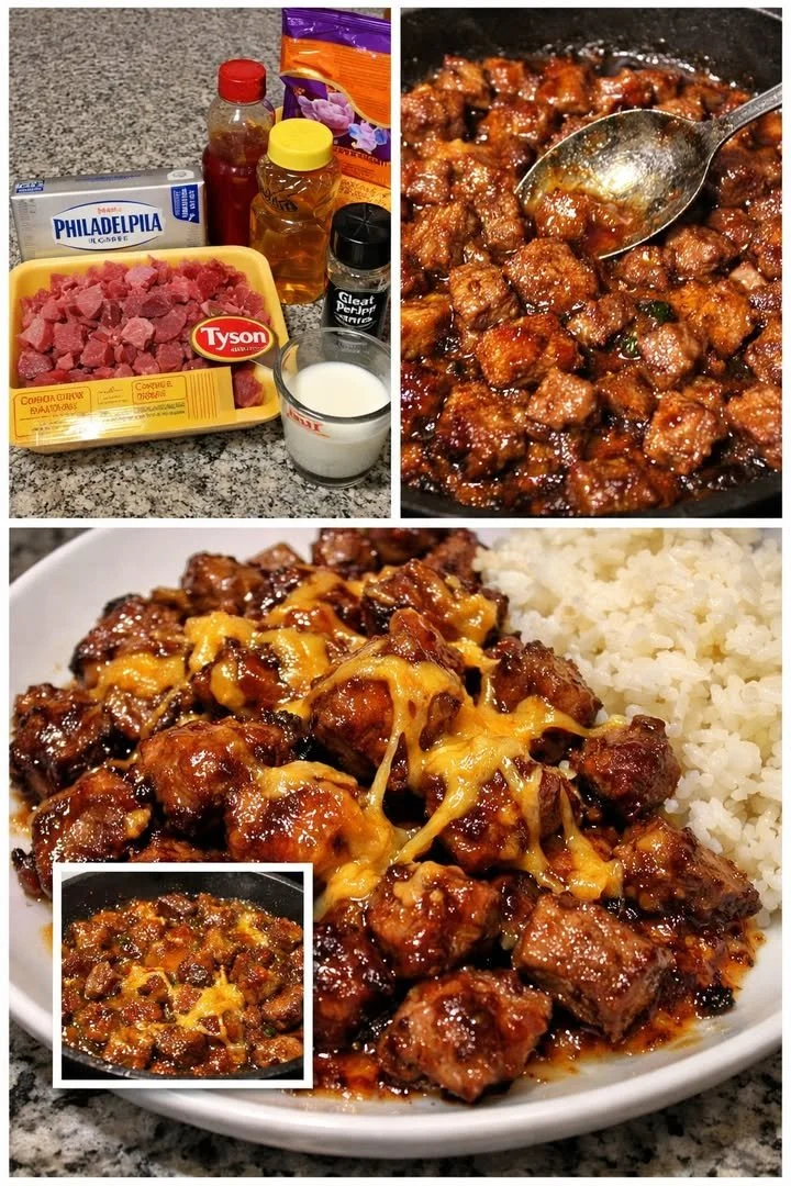 Sweet heat skillet steak bites drizzled with cheddar sauce served on a plate