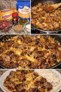 Skillet steak bites topped with cheddar cheese drizzle ready to serve.