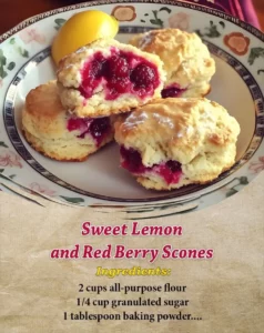 Sweet lemon and red berry scones fresh from the oven, ready to be served.