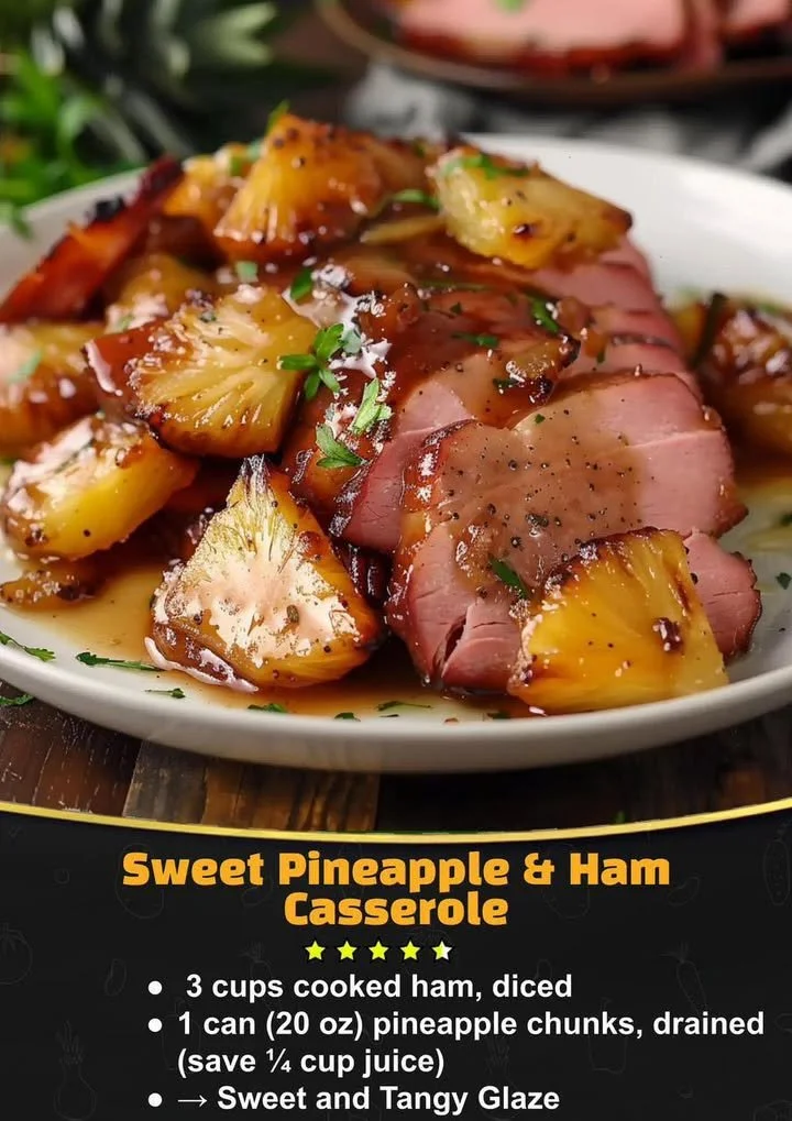 Sweet Pineapple and Ham Casserole served in a baking dish with golden crust