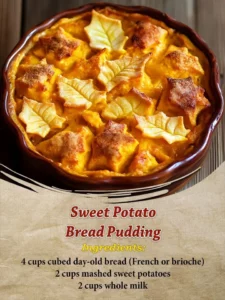 Delicious sweet potato bread pudding served with a creamy sauce