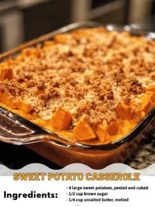 Delicious sweet potato casserole topped with marshmallows and nuts