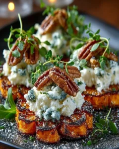 Plate of sweet potato coins with blue cheese mousse, apple matchsticks, and spiced pecans.