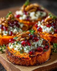 Sweet potato coins with herbed goat cheese, pomegranate, and candied walnuts.