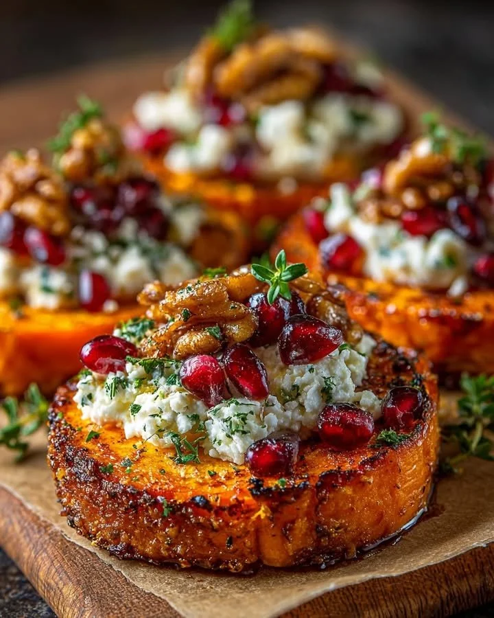 Sweet Potato Coins with Herbed Goat Cheese, Pomegranate & Candied Walnuts