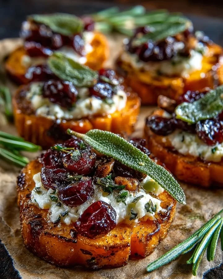 Sweet potato medallions with goat cheese and cranberry sage glaze on a plate.