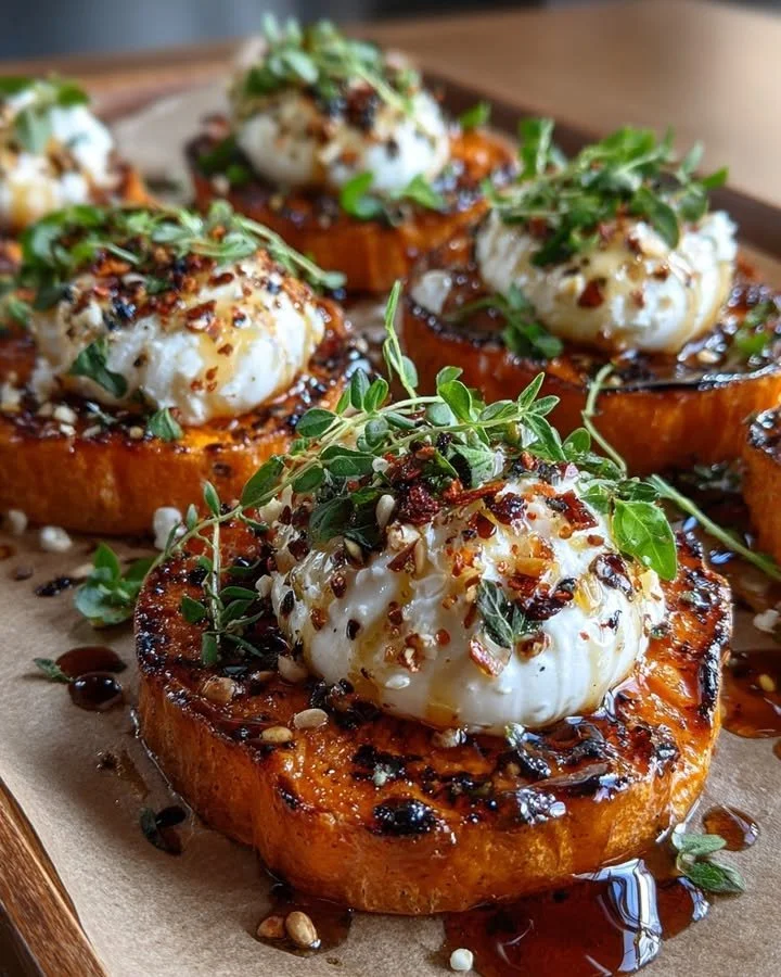 Sweet potato rounds with burrata and hot honey drizzle on a wooden board