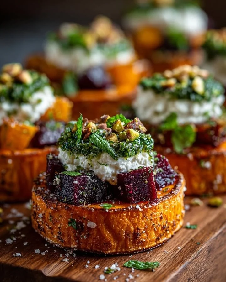 Sweet potato rounds topped with whipped goat cheese, roasted beets, and mint-pistachio pesto.