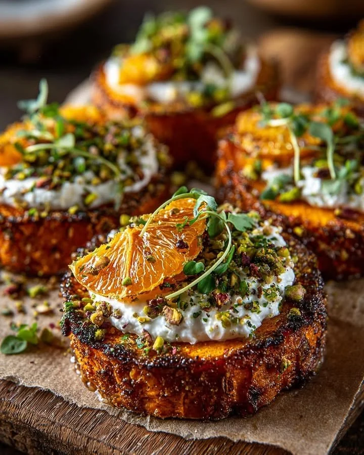 Sweet potato rounds with whipped ricotta and blood orange topped with pistachio crunch