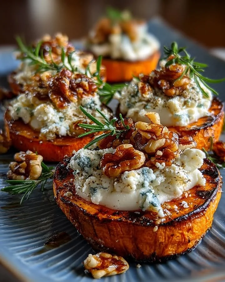 Sweet potato slices topped with Gorgonzola cream, caramelized shallots, and walnut brittle
