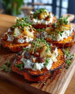 Delicious sweet potato slices with whipped feta, caramelized pears, and toasted hazelnuts