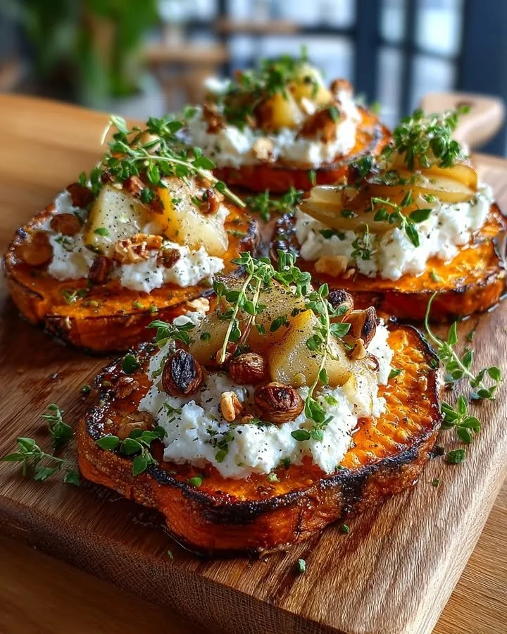 Delicious sweet potato slices with whipped feta, caramelized pears, and toasted hazelnuts