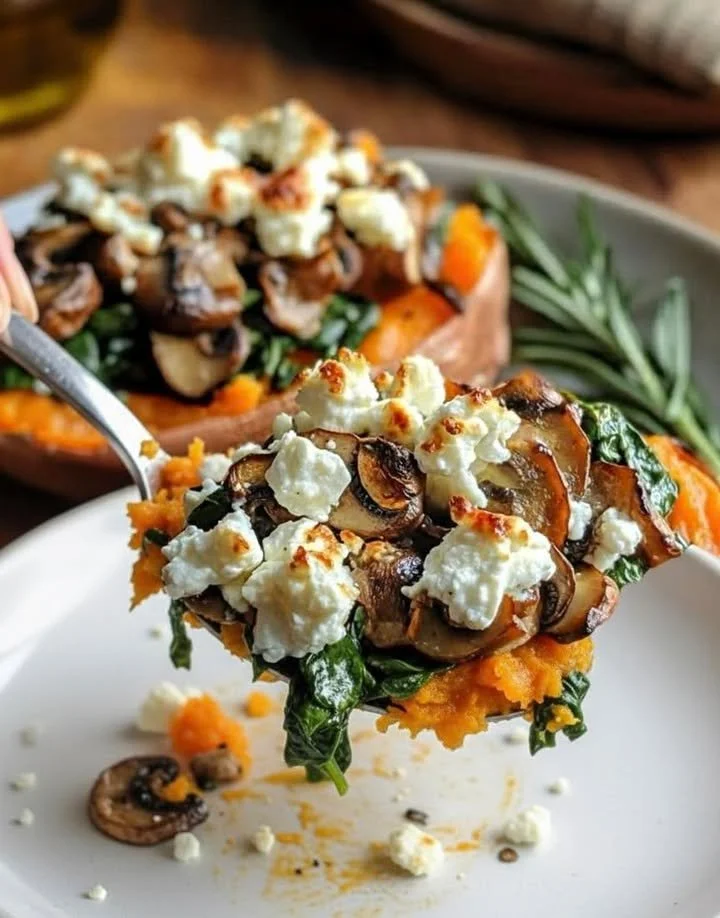 Sweet potatoes stuffed with caramelized mushrooms, spinach, and feta cheese.