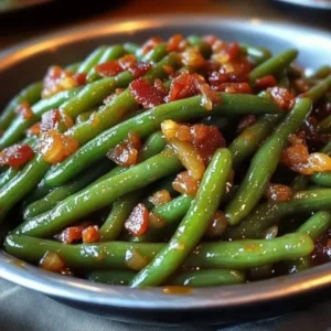 Sweet and savory green beans sautéed with bacon for rich flavor