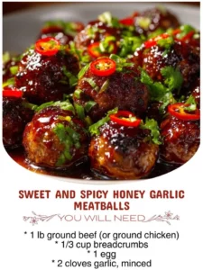 Plate of sweet and spicy honey garlic meatballs garnished with herbs.