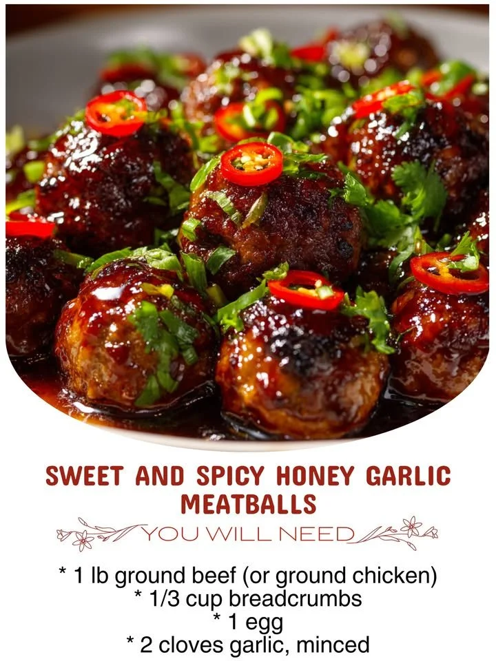 Plate of sweet and spicy honey garlic meatballs garnished with herbs.