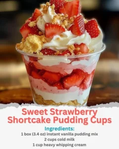 Delicious strawberry shortcake pudding cups topped with fresh strawberries and whipped cream