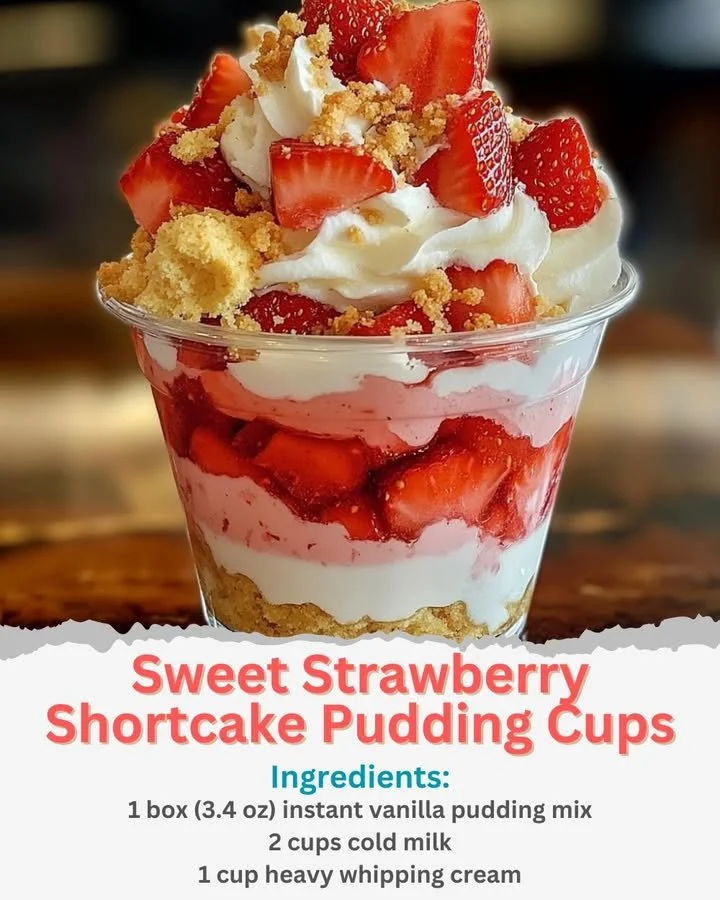 Delicious strawberry shortcake pudding cups topped with fresh strawberries and whipped cream