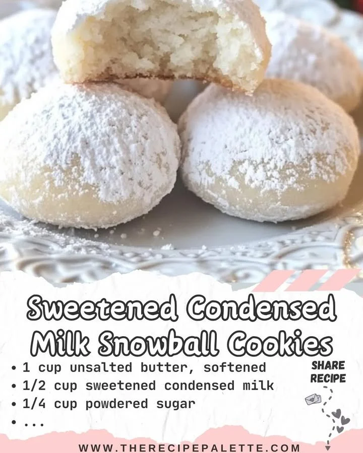 Plate of sweetened condensed milk snowball cookies dusted with powdered sugar