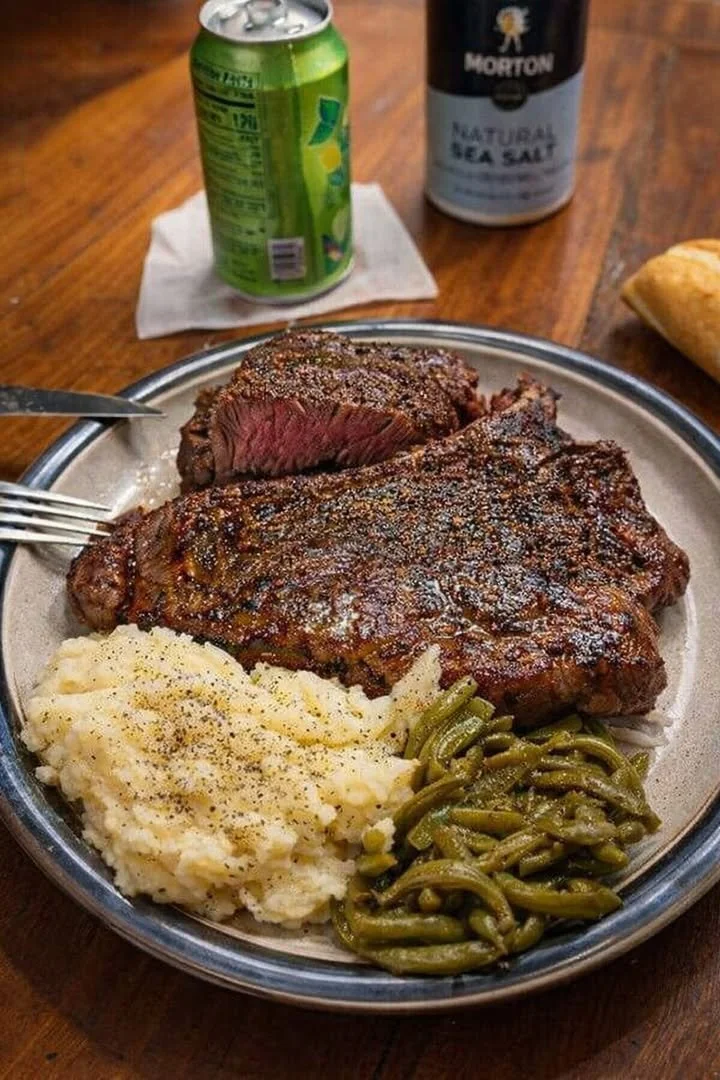 T-Bone steak with potatoes, green beans, and a biscuit on a plate