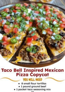 Homemade Taco Bell inspired Mexican pizza topped with cheese and fresh ingredients.