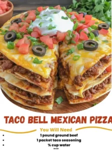 Taco Bell Mexican Pizza with layers of ingredients and toppings