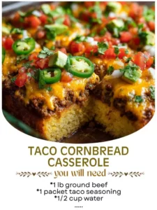 Delicious Taco Cornbread Casserole topped with cheese and fresh toppings
